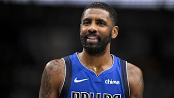 Jan 17, 2025; Dallas, Texas, USA; Dallas Mavericks guard Kyrie Irving (11) talks with the referees during the second quarter against the Oklahoma City Thunder at the American Airlines Center. Mandatory Credit: Jerome Miron-Imagn Images