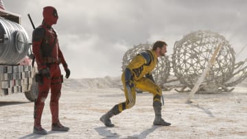 (L-R): Ryan Reynolds as Deadpool/Wade Wilson and Hugh Jackman as Wolverine/Logan in 20th Century Studios/Marvel Studios' DEADPOOL & WOLVERINE. Photo by Jay Maidment. © 2024 20th Century Studios / © and ™ 2024 MARVEL.