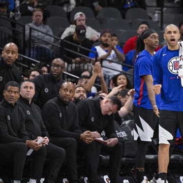 Jan 20, 2023; San Antonio, Texas, USA; The LA Clippers bench celebrates the Clippers taking the lead against the San Antonio Spurs during the second half at the AT&T Center. Mandatory Credit: Jerome Miron-USA TODAY Sports