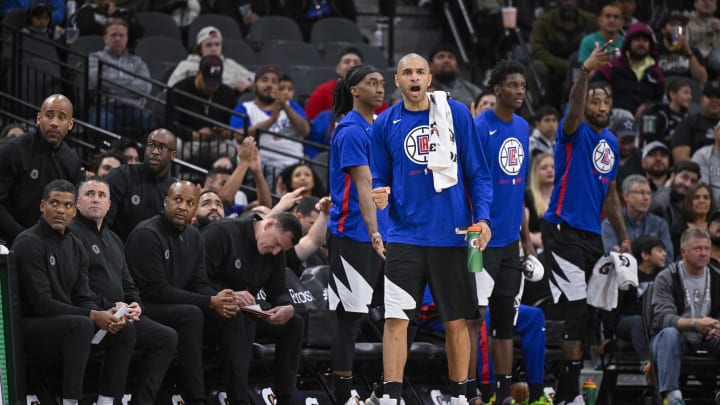 Jan 20, 2023; San Antonio, Texas, USA; The LA Clippers bench celebrates the Clippers taking the lead against the San Antonio Spurs during the second half at the AT&T Center. Mandatory Credit: Jerome Miron-USA TODAY Sports