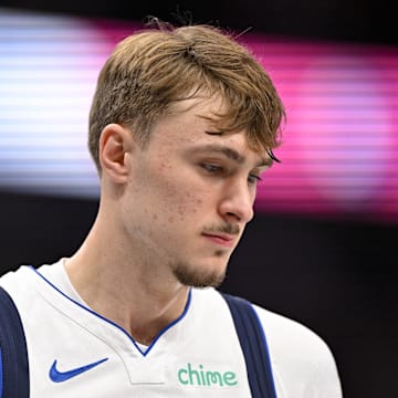 Oct 29, 2025; Dallas, Texas, USA; Dallas Mavericks forward Cooper Flagg (32) looks on during the first quarter against the Indiana Pacers at the American Airlines Center. Mandatory Credit: Jerome Miron-Imagn Images