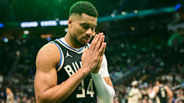 Apr 10, 2025; Milwaukee, Wisconsin, USA; Milwaukee Bucks forward Giannis Antetokounmpo (34) gets ready to play the New Orleans Pelicans at Fiserv Forum. Mandatory Credit: Benny Sieu-Imagn Images