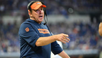 Aug 11, 2024; Indianapolis, Indiana, USA; Denver Broncos Head Coach Sean Payton shares a word with a referee during the second half against the Indianapolis Colts  at Lucas Oil Stadium. Mandatory Credit: Marc Lebryk-USA TODAY Sports