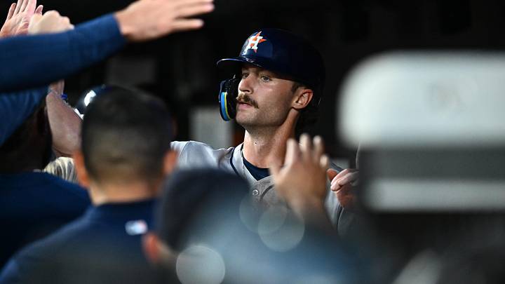 Aug 21, 2025; Baltimore, Maryland, USA;  Houston Astros outfielder Jacob Melton (31) celebrates after scoring a run during the second inning against the Baltimore Orioles at Oriole Park at Camden Yards. Mandatory Credit: James A. Pittman-Imagn Images
