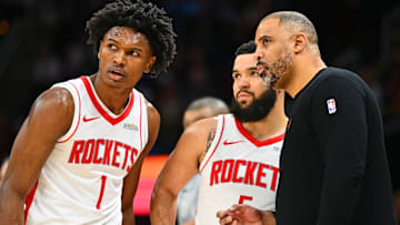 Amen Thompson, Fred VanVleet and head coach Ime Udoka