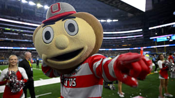 Dec 29, 2023; Arlington, TX, USA; A view if the Ohio State Buckeyes mascot during the game between the Buckeyes and the Missouri Tigers at AT&T Stadium. Mandatory Credit: Jerome Miron-USA TODAY Sports