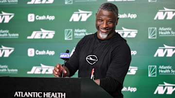  New York Jets head coach Aaron Glenn speaks at a press conference during minicamp at Atlantic Health Jets Training Center. 