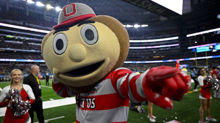 Dec 29, 2023; Arlington, TX, USA; A view if the Ohio State Buckeyes mascot during the game between the Buckeyes and the Missouri Tigers at AT&T Stadium. Mandatory Credit: Jerome Miron-USA TODAY Sports