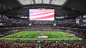 Dec 7, 2024; Arlington, TX, USA; A view of the Big 12 logo and stadium and the American flag before the game between the Iowa State Cyclones and the Arizona State Sun Devils at AT&T Stadium. Mandatory Credit: Jerome Miron-Imagn Images
