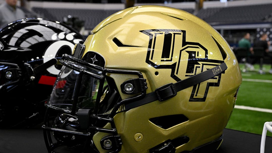 Jul 12, 2023; Arlington, TX, USA; A view of the UCF Knights helmet and logo during Big 12 football media day at AT&T Stadium. Mandatory Credit: Jerome Miron-Imagn Images