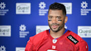 Jun 17, 2025: New York Giants quarterback Russell Wilson at a press conference during minicamp at Quest Diagnostics Training Center. 