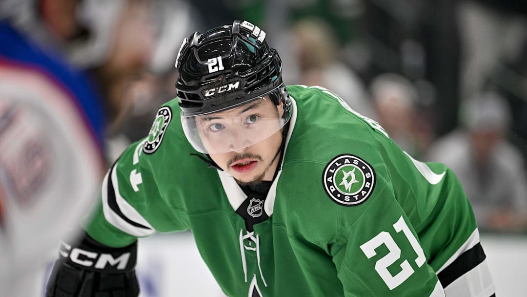 May 29, 2025; Dallas, Texas, USA; Dallas Stars left wing Jason Robertson (21) during the game between the Dallas Stars and the Edmonton Oilers in game five of the Western Conference Final of the 2025 Stanley Cup Playoffs at American Airlines Center. Mandatory Credit: Jerome Miron-Imagn Images