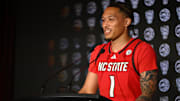 Oct 8, 2025; Charlotte, NC, USA; NC State player Darrion Williams answers questions from the media at The Hilton Charlotte Uptown. Mandatory Credit: William Howard-Imagn Images