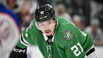 May 29, 2025; Dallas, Texas, USA; Dallas Stars left wing Jason Robertson (21) during the game between the Dallas Stars and the Edmonton Oilers in game five of the Western Conference Final of the 2025 Stanley Cup Playoffs at American Airlines Center. Mandatory Credit: Jerome Miron-Imagn Images