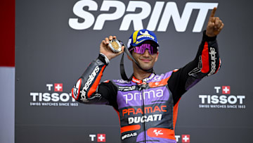 Apr 13, 2024; Austin, TX, USA; Jorge Martin (89) of Spain and Prima Pramac Racing holds up his medal after he finishes in third place in the Americas Grand Prix sprint race at Circuit of The Americas. Mandatory Credit: Jerome Miron-Imagn Images