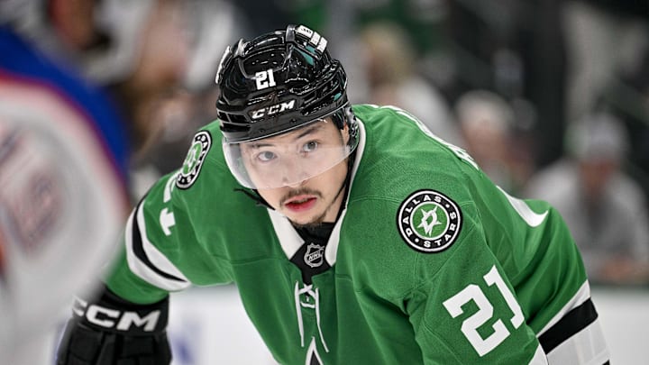 May 29, 2025; Dallas, Texas, USA; Dallas Stars left wing Jason Robertson (21) during the game between the Dallas Stars and the Edmonton Oilers in game five of the Western Conference Final of the 2025 Stanley Cup Playoffs at American Airlines Center. Mandatory Credit: Jerome Miron-Imagn Images