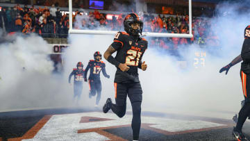 Nov 18, 2023; Corvallis, Oregon, USA; Oregon State Beavers wide receiver David Wells Jr. (21) takes the field against the Washington Huskies at Reser Stadium. Mandatory Credit: Craig Strobeck-USA TODAY Sports