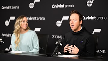Feb 6, 2023; Salt Lake City, UT, USA; Utah Jazz owners Ryan and Ashley Smith speak about the NBA All-Star availability in Salt Lake City, Utah at Vivint Arena. Mandatory Credit: Christopher Creveling-Imagn Images