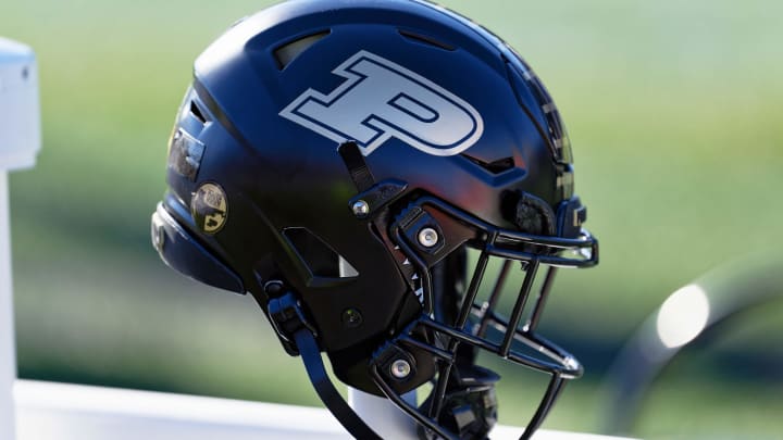 A detail view of a Purdue Boilermakers helmet 