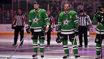 Sep 23, 2025; Dallas, Texas, USA; Dallas Stars left wing Jamie Benn (14) and center Tyler Seguin (91) look on before the game against the Minnesota Wild at American Airlines Center. Mandatory Credit: Jerome Miron-Imagn Images