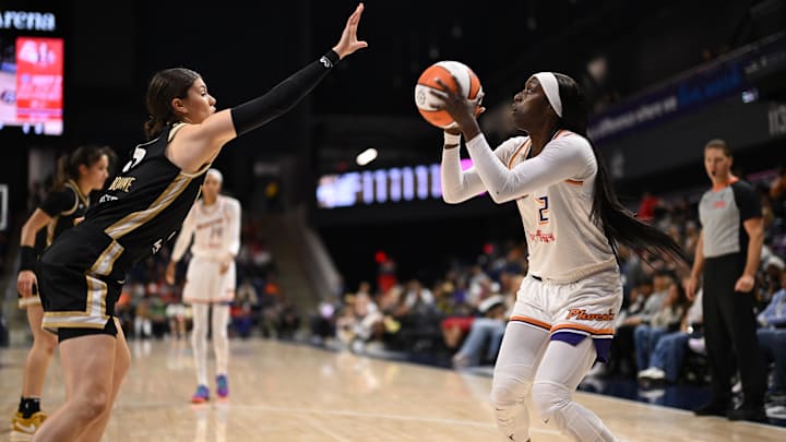 Sep 4, 2025; Washington, District of Columbia, USA; Phoenix Mercury guard Kahleah Copper (2) attempts a shot in front of Washington Mystics guard Jade Melbourne (5) during the first quarter at CareFirst Arena. Mandatory Credit: Rafael Suanes-Imagn Images Sep 4, 2025; Washington, District of Columbia, USA; Phoenix Mercury guard Kahleah Copper (2) attempts a shot in front of Washington Mystics guard Jade Melbourne (5) during the first quarter at CareFirst Arena. Mandatory Credit: Rafael Suanes-Imagn Images
