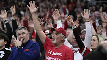 Mar 20, 2025; Providence, RI, USA;  Fans react during the second half between Arkansas Razorbacks and Kansas Jayhawks at Amica Mutual Pavilion. Mandatory Credit: Eric Canha-Imagn Images