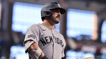 Aug 4, 2025; Arlington, Texas, USA; New York Yankees catcher Austin Wells (28) during the game between the Texas Rangers and the New York Yankees at Globe Life Field. Mandatory Credit: Jerome Miron-Imagn Images