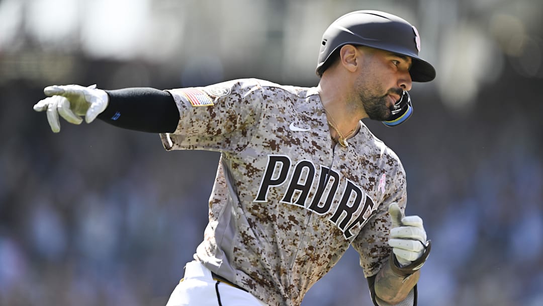 May 10, 2026; San Diego, California, USA; San Diego Padres right fielder Nick Castellanos (21) rounds the bases after hitting an two-run home run during the ninth inning against the St. Louis Cardinals at Petco Park. Mandatory Credit: Denis Poroy-Imagn Images