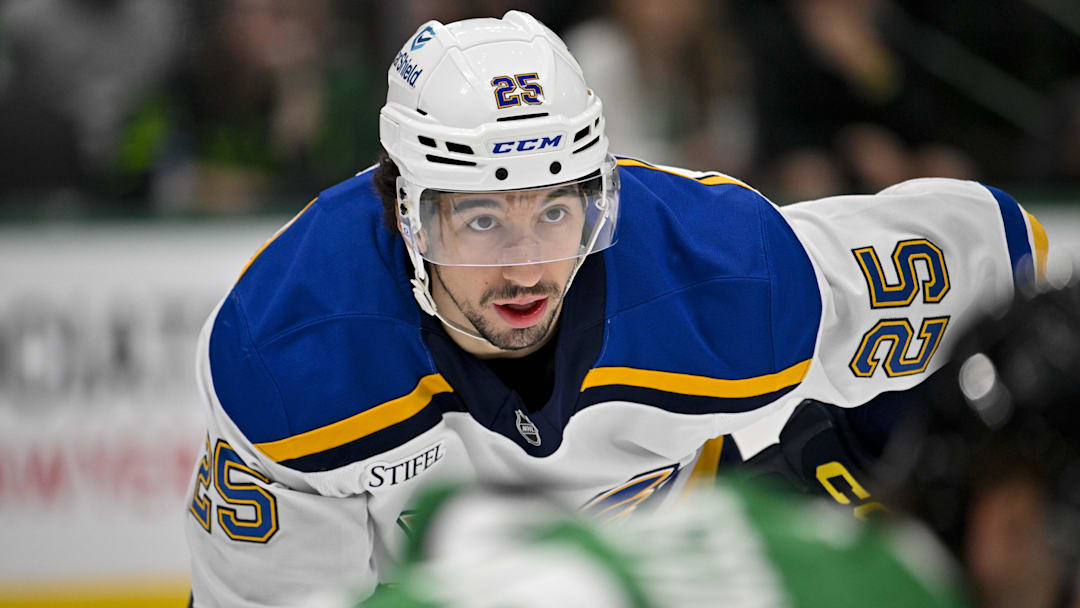 Dec 14, 2024; Dallas, Texas, USA; St. Louis Blues center Jordan Kyrou (25) in action during the game between the Dallas Stars and the St. Louis Blues at American Airlines Center. Mandatory Credit: Jerome Miron-Imagn Images