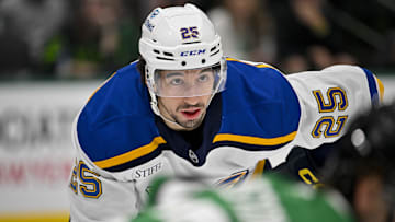 Dec 14, 2024; Dallas, Texas, USA; St. Louis Blues center Jordan Kyrou (25) in action during the game between the Dallas Stars and the St. Louis Blues at American Airlines Center. Mandatory Credit: Jerome Miron-Imagn Images