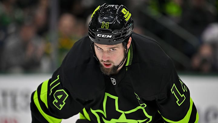 Dec 16, 2024; Dallas, Texas, USA; Dallas Stars left wing Jamie Benn (14) waits for the face-off against the Washington Capitals during the second period at the American Airlines Center. Mandatory Credit: Jerome Miron-Imagn Images