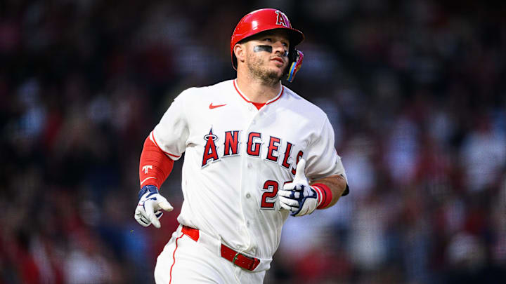 Apr 18, 2026; Anaheim, California, USA; Los Angeles Angels center fielder Mike Trout (27) runs during the third inning against the San Diego Padres at Angel Stadium. Mandatory Credit: William Liang-Imagn Images
