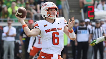 Sep 6, 2025; Eugene, Oregon, USA; Oklahoma State Cowboys quarterback Zane Flores (6) throws a pass during the second half against the Oregon Ducks at Autzen Stadium. Mandatory Credit: Troy Wayrynen-Imagn Images