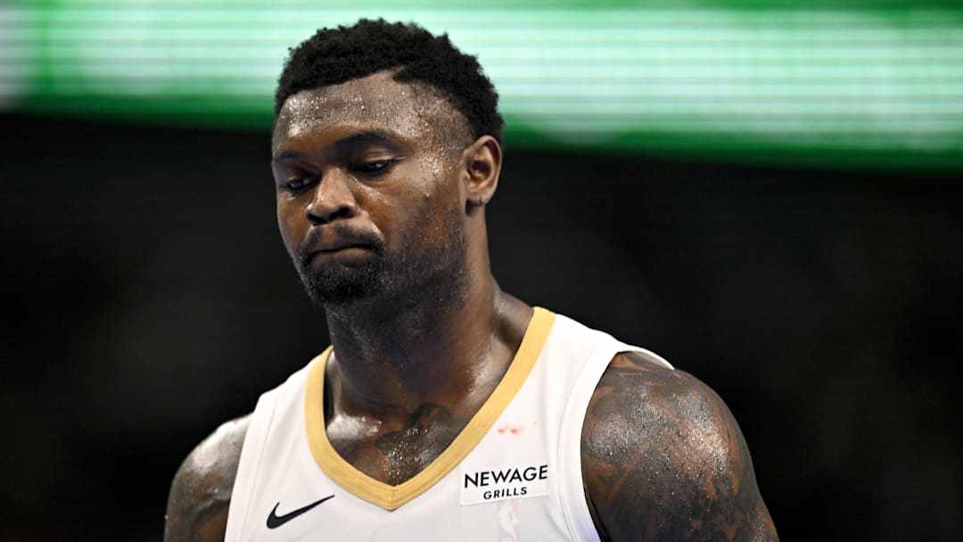 Nov 21, 2025; Dallas, Texas, USA; New Orleans Pelicans forward Zion Williamson (1) looks on during the second half against the Dallas Mavericks at the American Airlines Center. Mandatory Credit: Jerome Miron-Imagn Images