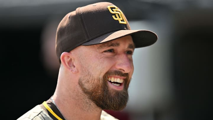 Sep 21, 2025; Chicago, Illinois, USA; San Diego Padres second baseman Mason McCoy (18) looks on and smiles prior to a game against the Chicago White Sox at Rate Field. Mandatory Credit: Patrick Gorski-Imagn Images
