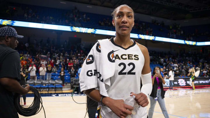 Sep 29, 2023; Arlington, Texas, USA; Las Vegas Aces forward A'ja Wilson (22) walks off the court after the Aces victory over the Dallas Wings during game three of the 2023 WNBA Playoffs at College Park Center. Mandatory Credit: Jerome Miron-USA TODAY Sports