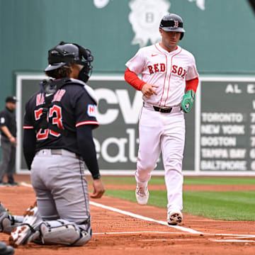 Sep 1, 2025; Boston, Massachusetts, USA; Boston Red Sox third baseman Alex Bregman (2) scores on an RBI by second baseman Romy Gonzalez (23) (not pictured)  during the first inning against the Cleveland Guardians at Fenway Park. Mandatory Credit: Eric Canha-Imagn Images