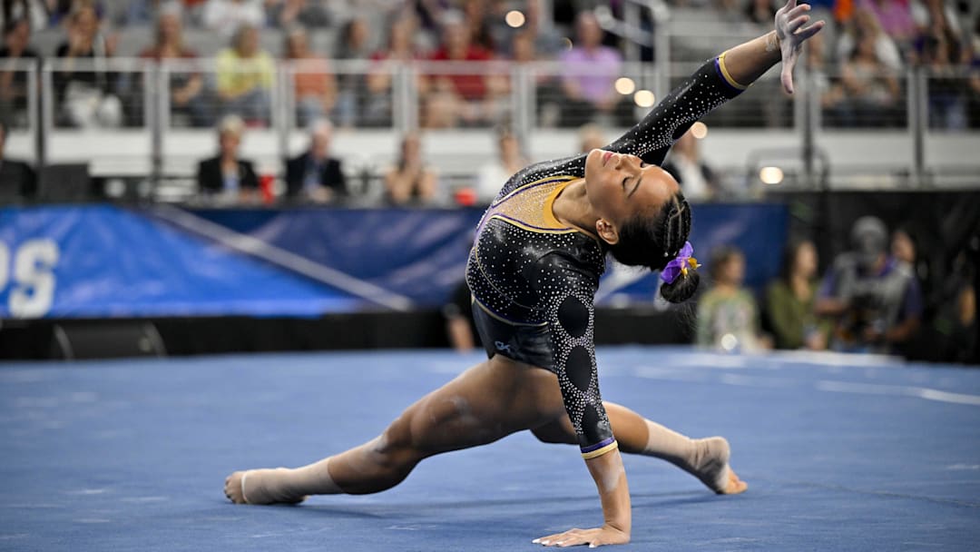 Apr 18, 2024; Fort Worth, TX, USA; LSU Tigers gymnast Haleigh Bryant performs on floor exercise during the 2024 NCAA Women's National Gymnastics Semifinals at Dickies Arena. Mandatory Credit: Jerome Miron-Imagn Images