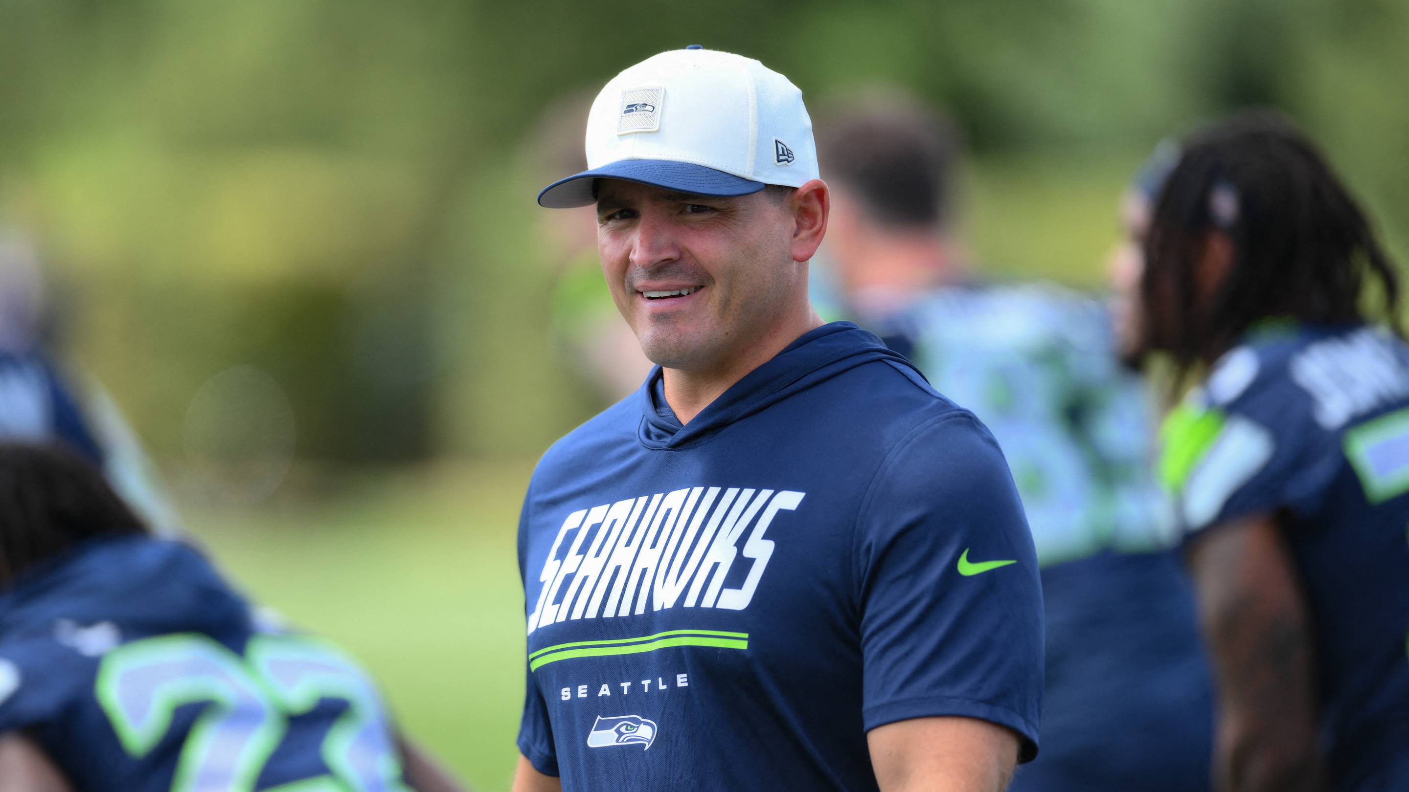 Jul 25, 2026; Renton, WA, USA; Seattle Seahawks head coach Mike MacDonald during training camp at Virginia Mason Athletic Center. Mandatory Credit: Steven Bisig-Imagn Images