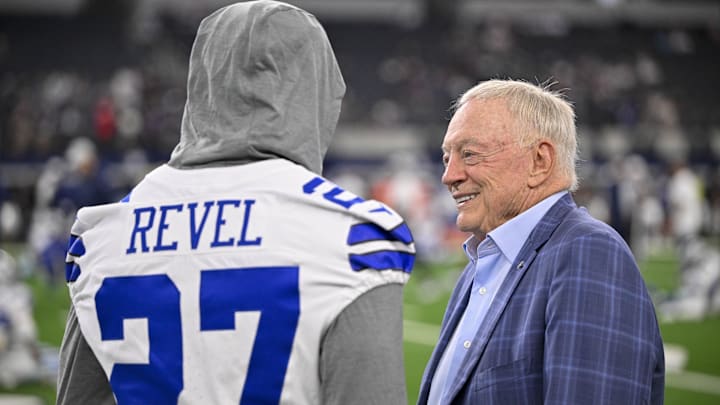 Aug 16, 2025; Arlington, Texas, USA; Dallas Cowboys owner Jerry Jones (right) talks with cornerback Shavon Revel Jr. (27d) before the game against the Baltimore Ravens at AT&T Stadium.