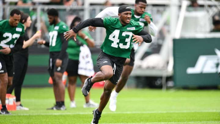 Jul 25, 2024; Florham Park, NJ; New York Jets cornerback Brandon Codrington (43) warms up during training camp at Atlantic Health Jets Training Center.