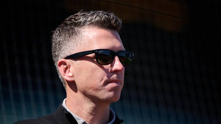 May 9, 2026; San Francisco, California, USA; San Francisco Giants president of baseball operations Buster Posey looks on before the game between the Pittsburgh Pirates and San Francisco Giants at Oracle Park. Mandatory Credit: Robert Edwards-Imagn Images