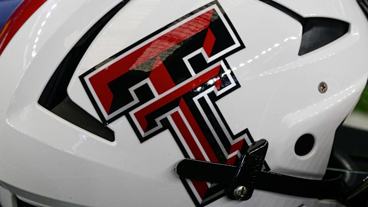 Jul 14, 2022; Arlington, TX, USA; A view of the Texas Tech Red Raiders helmet logo during the Big 12 Media Day at AT&T Stadium. Mandatory Credit: Jerome Miron-Imagn Images