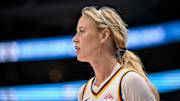 Aug 1, 2025; Dallas, Texas, USA; Indiana Fever guard Sophie Cunningham (8) in action during the game between the Dallas Wings and the Indiana Fever at the American Airlines Center. Mandatory Credit: Jerome Miron-Imagn Images