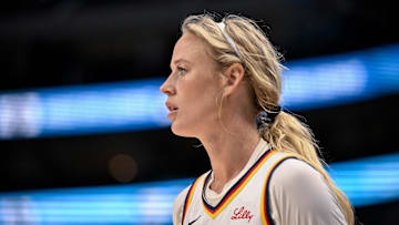 Aug 1, 2025; Dallas, Texas, USA; Indiana Fever guard Sophie Cunningham (8) in action during the game between the Dallas Wings and the Indiana Fever at the American Airlines Center. Mandatory Credit: Jerome Miron-Imagn Images