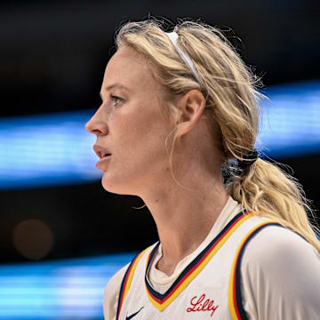Aug 1, 2025; Dallas, Texas, USA; Indiana Fever guard Sophie Cunningham (8) in action during the game between the Dallas Wings and the Indiana Fever at the American Airlines Center. Mandatory Credit: Jerome Miron-Imagn Images