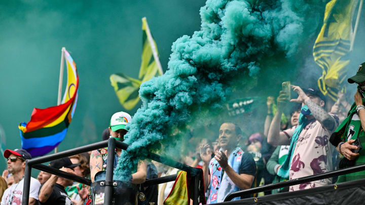 Apr 13, 2024; Portland, Oregon, USA; The Portland Timbers army celebrate a second goal during the first half against LAFC at Providence Park. Mandatory Credit: Craig Strobeck-USA TODAY Sports