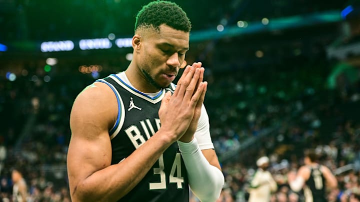 Apr 10, 2025; Milwaukee, Wisconsin, USA; Milwaukee Bucks forward Giannis Antetokounmpo (34) gets ready to play the New Orleans Pelicans at Fiserv Forum. Mandatory Credit: Benny Sieu-Imagn Images