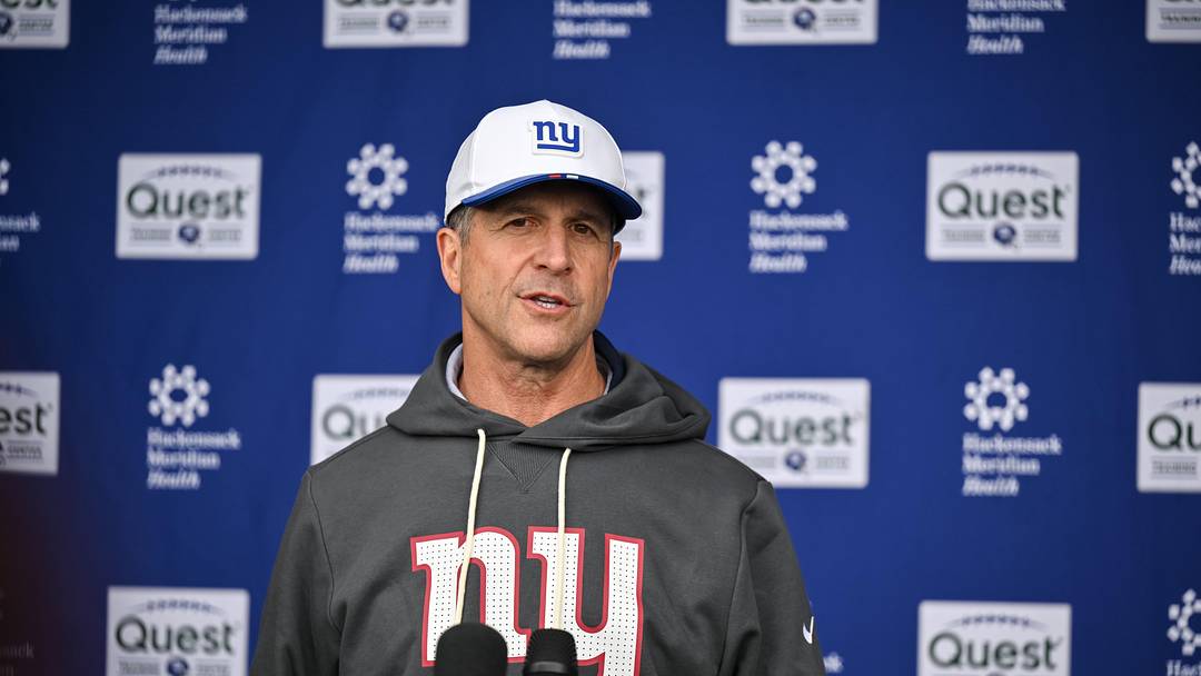 May 9, 2026; East Rutherford, NJ, USA; New York Giants head coach John Harbaugh speaks during a press conference at rookie minicamp at Quest Diagnostics Training Center. Mandatory Credit: John Jones-Imagn Images May 9, 2026; East Rutherford, NJ, USA; New York Giants head coach John Harbaugh speaks during a press conference at rookie minicamp at Quest Diagnostics Training Center. Mandatory Credit: John Jones-Imagn Images