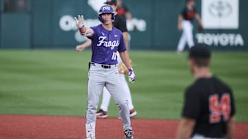 May 31, 2025; Corvallis, OR, USA; TCU outfielder Sawyer Strosnider (10) celebrates hitting a double in the third inning against Oregon St. at the NCAA Corvallis Regional at Goss Stadium. Mandatory Credit: Troy Wayrynen-Imagn Images